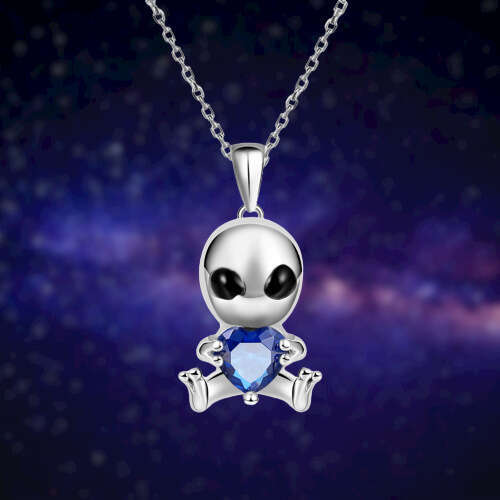 Alloy Alien Deep Blue Heart shaped Water Dia Pendant Necklace Fashion Cartoon Jewelry Accessories