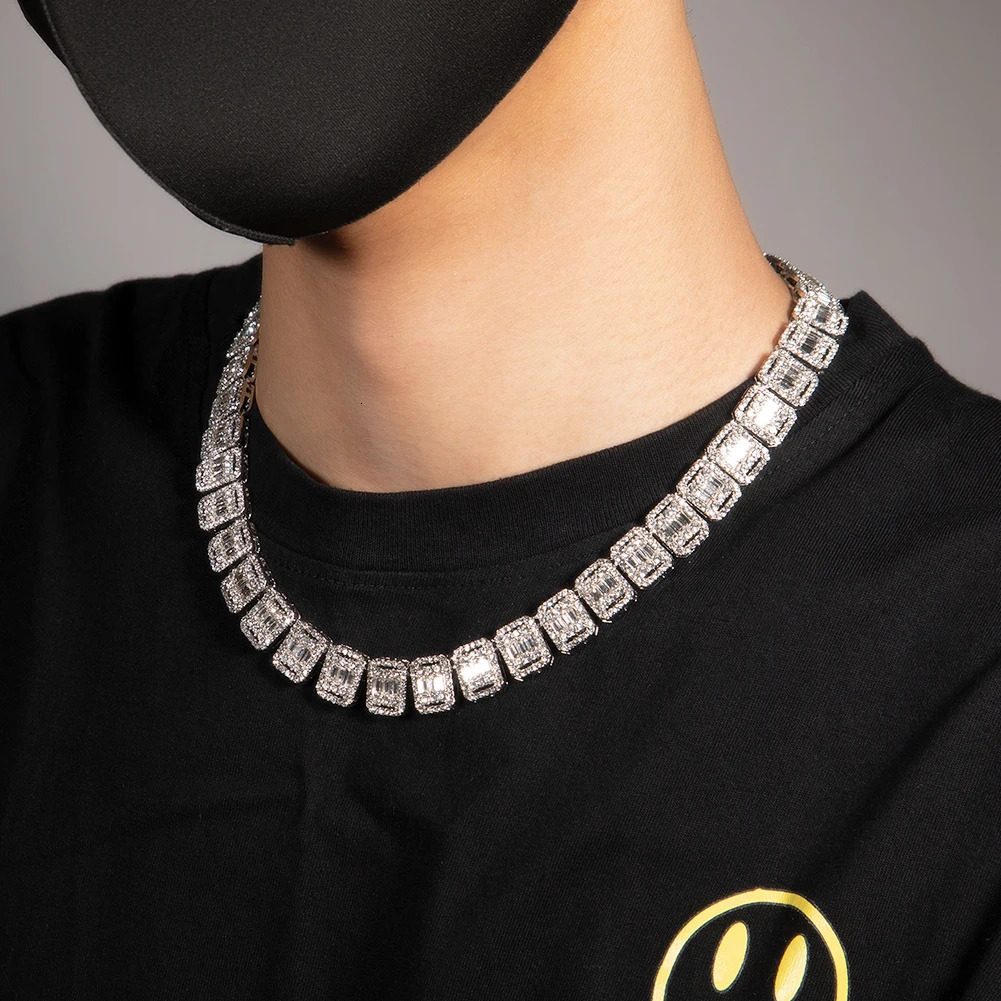 THE BLING KING 13mm Zinc Alloy Baguettestone Necklaces Micro Paved Bling Rhinestones Link Chain Fashion Mens Hiphop Jewelry 250213