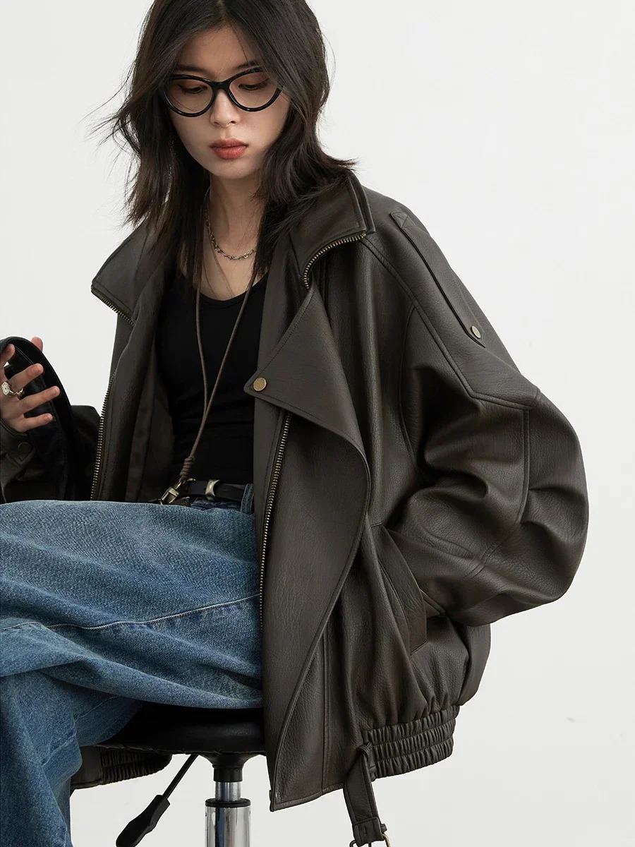 CHIC VEN Women Jackets Fashion Retro Loose Motorcycle PU Coat Solid Faux Leather jacket Female Clothing Autumn 250211