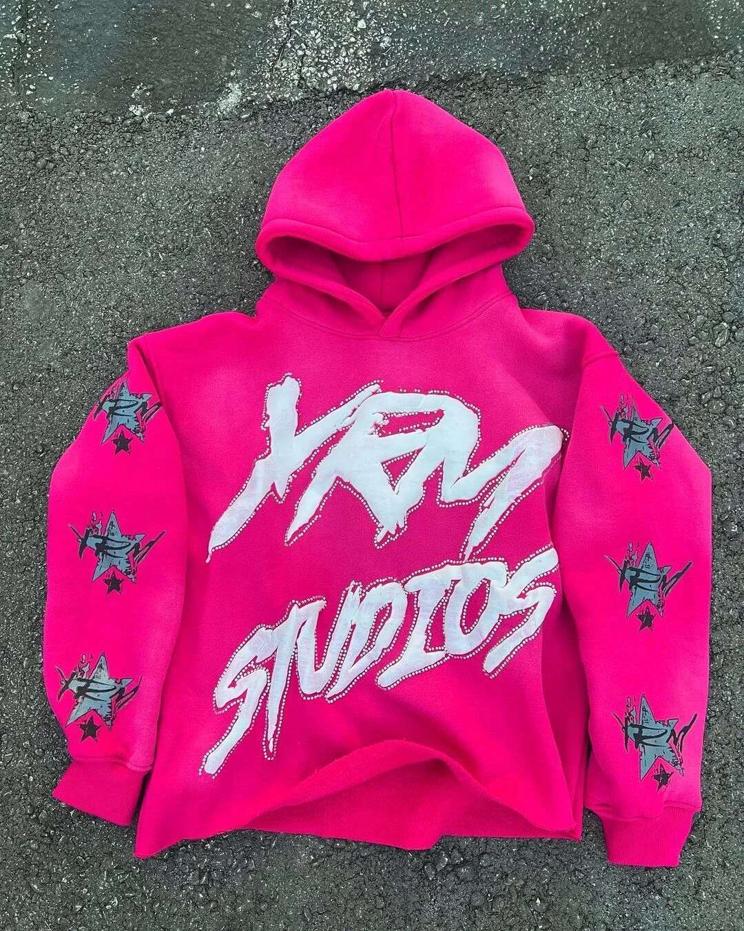 Rose red letter printed cardigan sweatshirt 2024 hip-hop new street zipper hoodie couple American washed trendy loose retro top