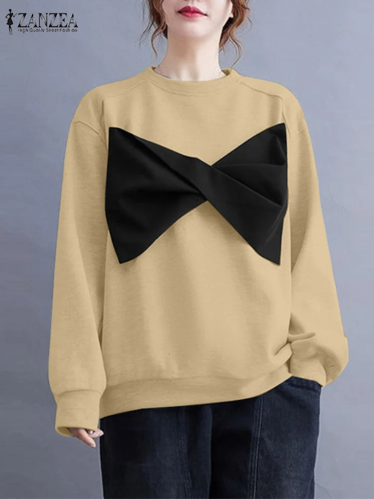 ZANZEA Casua Harajuku Sweatshirts ColorBlock Long Sleeve Spring O Neck Hoodies Women Large Bowknot Loose Pullover Tops 250213