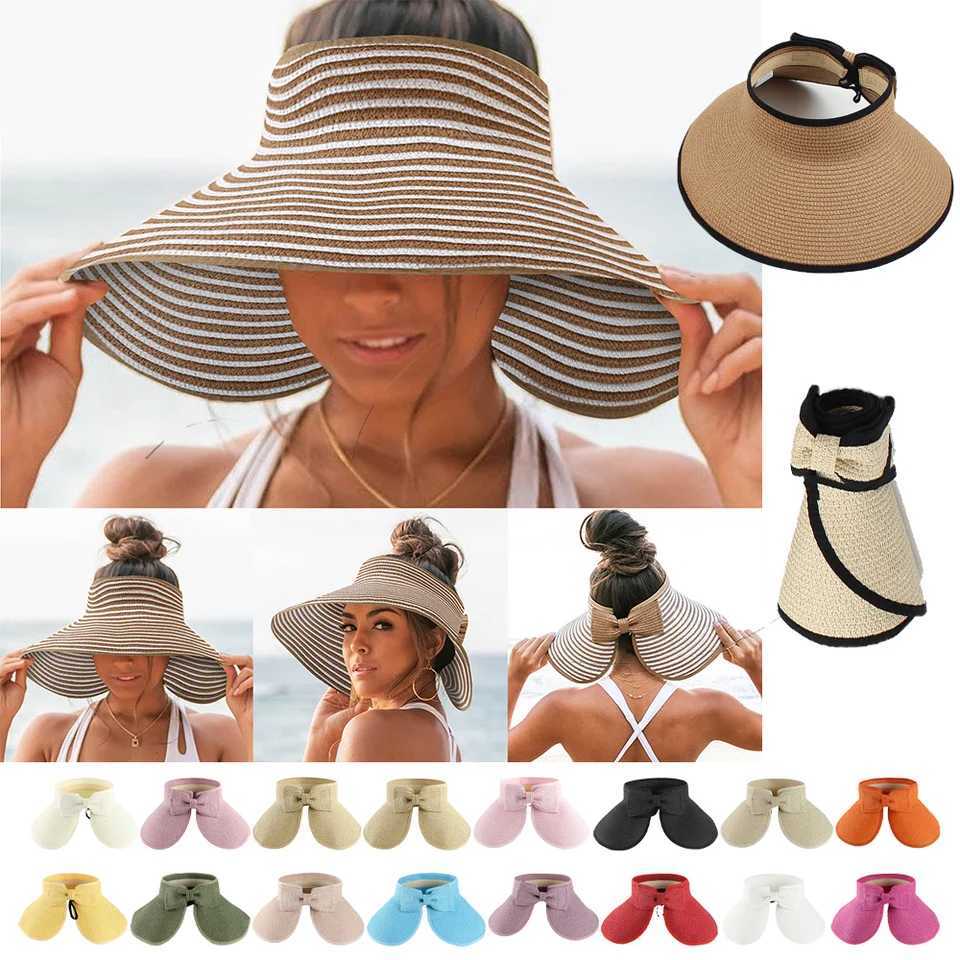 Multicolor Women Roll Up Sun Hats Outdoor Foldable Wide Brim Uv Protection Beach Straw Hat Girl Breathable Empty Top Caps Bonnet W250217