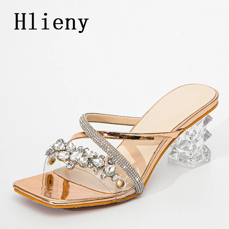 Hlieny 2025 Fashion Crystal PVC Transparent Woman Slippers Strange Style High Heels Square Toe Female Pumps Slides Shoes 250122