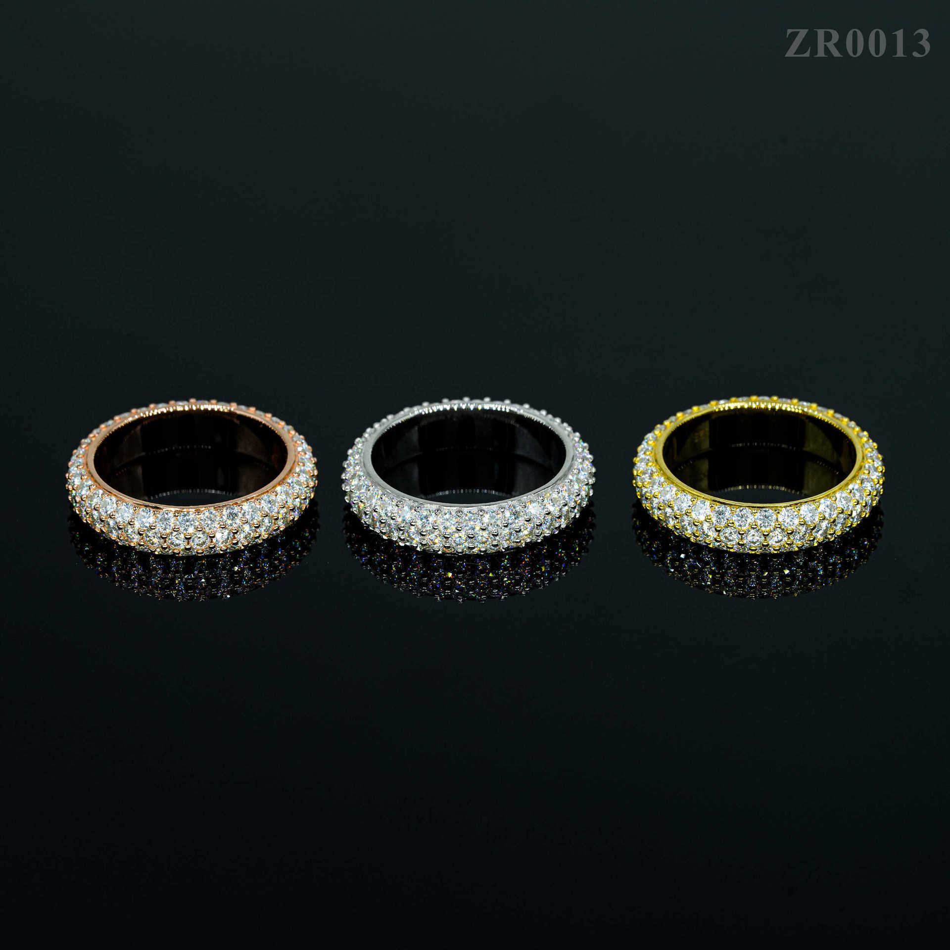 Hip hop S925 silver inlaid VVS three row circular moissani ring for men and women in Ins fashion trend full diamond