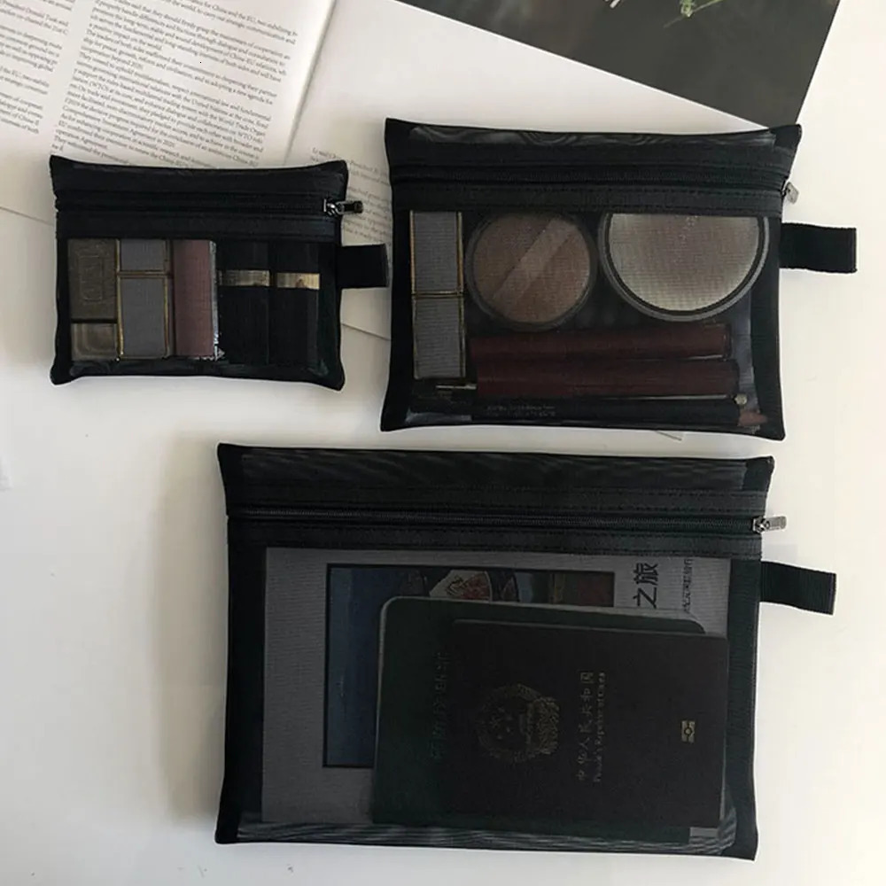 Portable mesh transparent makeup bag box womens travel zipper organizer 250213