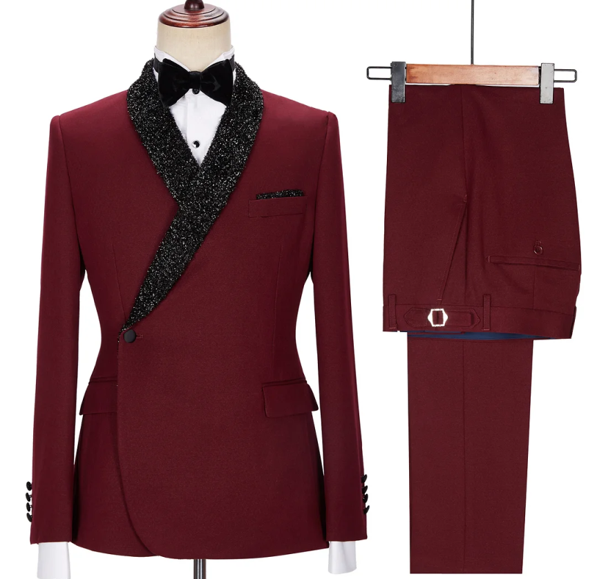 Dark Red Men Wedding Tuxedos Customized Sequined Shawl Lapel Business Groom Pants Suits Fashion Show Wear 2 Pieces