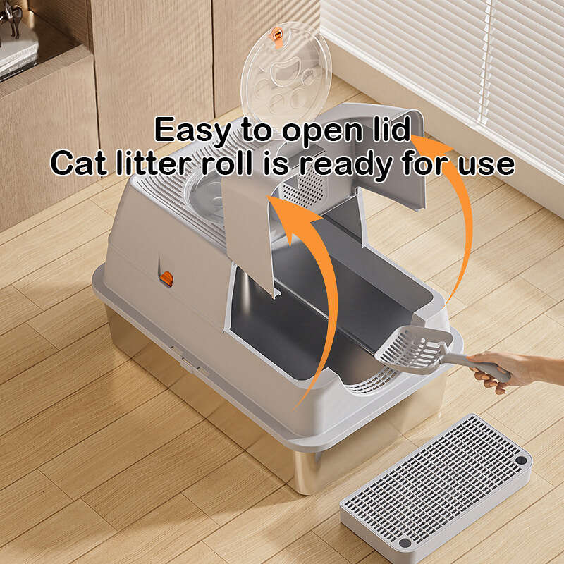 Stainless Steel Litter Box with Dog-Proof Hooded with Filter Lid & Scoop for Low Tracking Enclosed Cat Litter Boxes for Anti-Leakage Metal Litter Pan