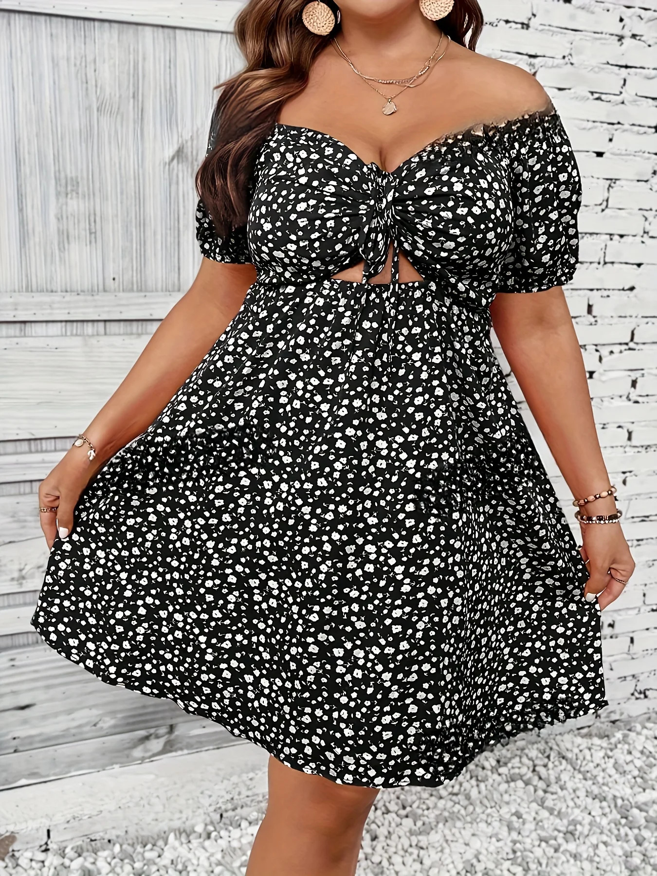 Plus Size Summer Women Elegant Floral Print Dress Casual Vacation Off the Shoulder Strapless Dresses 250214