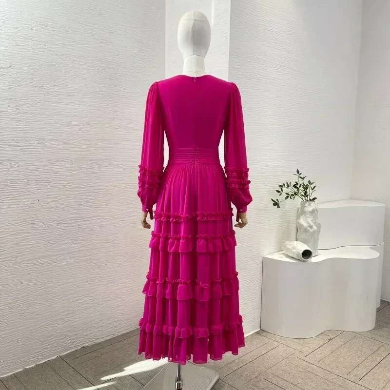 Women's Rose Red Lace Big Swing Ruched Long Sleeve Midi Dress Chic And Elegant Woman For Summer High Quality Dresses