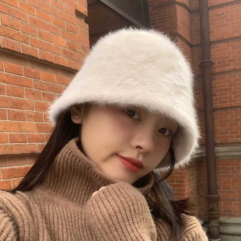 Autumn Winter Rabbit Fur Bucket Hat For Women Soft Plush Basin Cap Solid Color Female Warm Fisherman Hat W250217