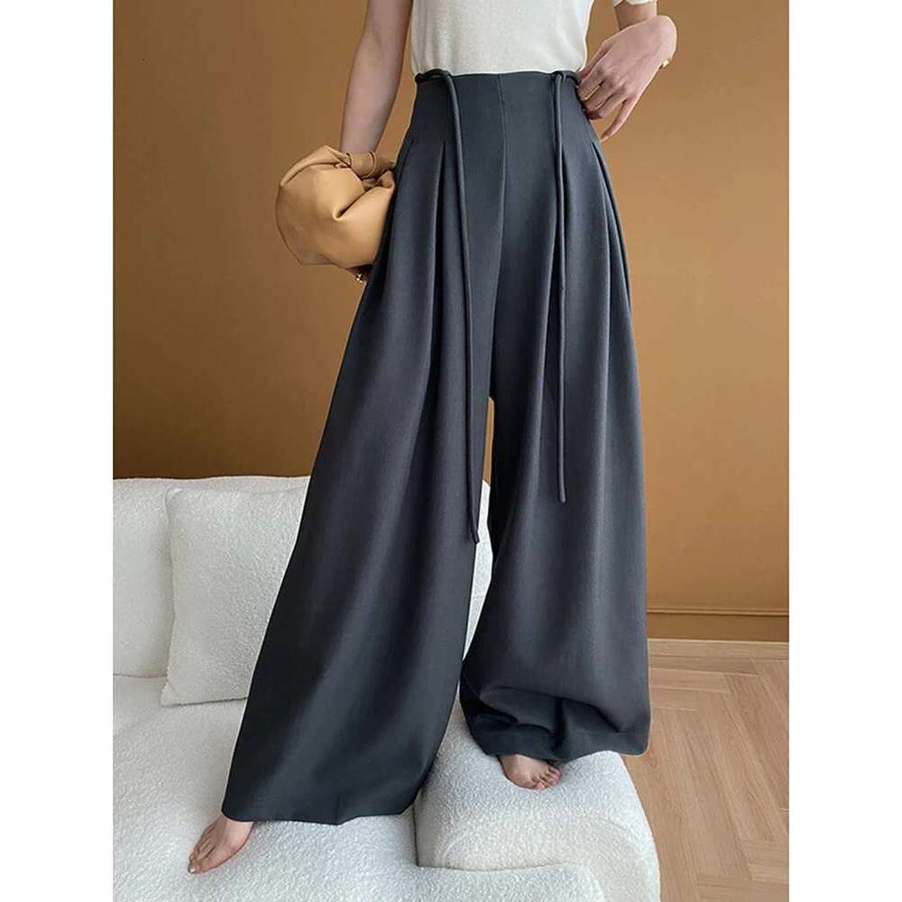 2025 Spring Fashion Drawstring Suits Pants For Women High Waist Pleasted Wide Leg Trousers Office Lady Clothes