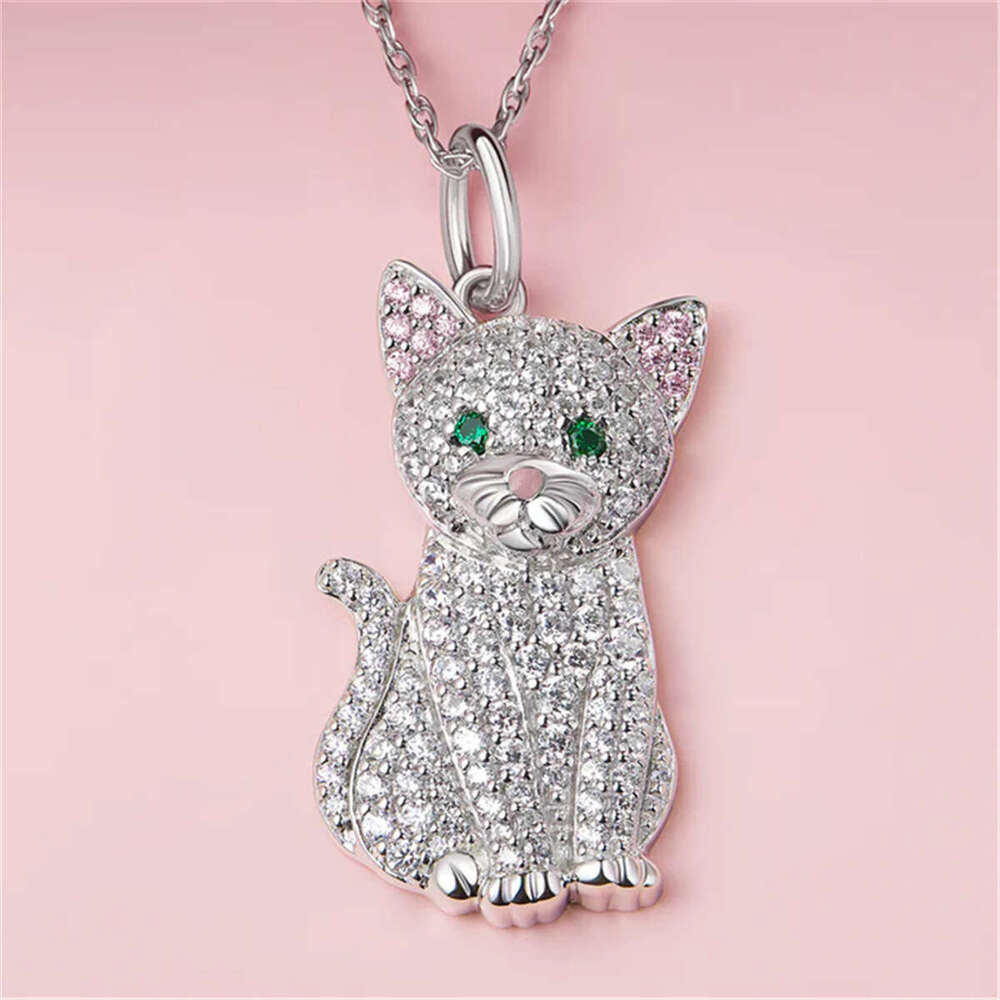 Temu Hot Selg Cute White Cat Pendant Exquisite Pink Eared Kitten Cartoon Necklace Birthday Gift Jewelry
