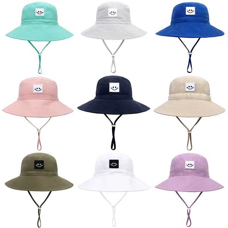 Summer Baby Sun Hat Children Boys Girls Big Brim Solid Color Smlie Bucket Fisherman Hats Kids Anti UV Panama Beach Cap 0-6 Years W250217