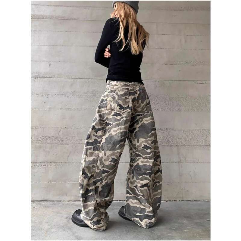 Camouflage Khaki Jeans Women Vintage High Waisted Straight Trouser Y2k American Streetwear Wide Leg Classic Denim Pants