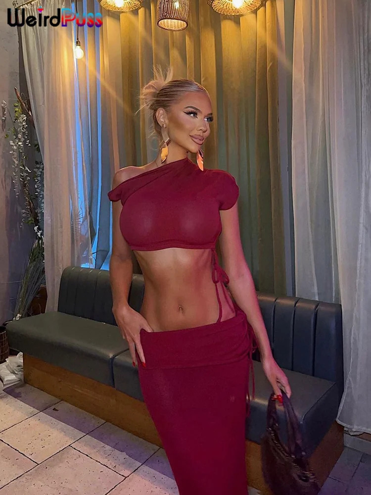 Weird Puss Skew Collar Elegant Women 2 Piece Set Stretch Summer Short Sleeve Crop TopsBandage Maxi Skirts Matching Outfits 250214
