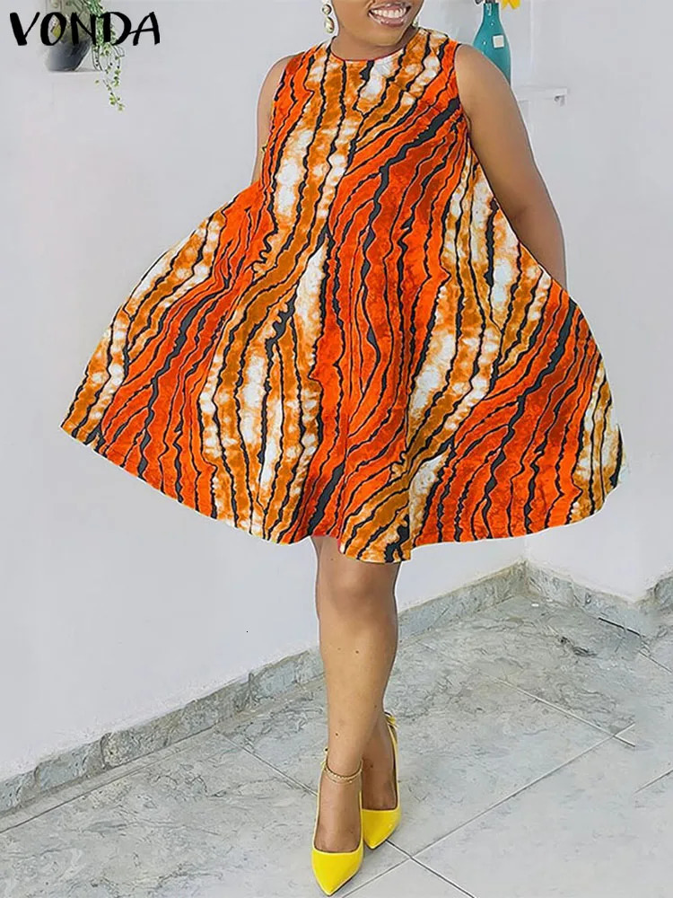 Plus Size Women Summer Dress 2024 VONDA Sleeveless Printed Party Sundress Fashion Short Casual Loose Dresses O Neck Robe 250214