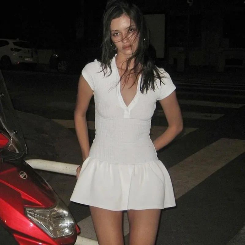 Talenza White Knitted Short Dress Womens Summer Patchwork Lapel Sleeve Pleated ALine High Waist Office Lady 250214