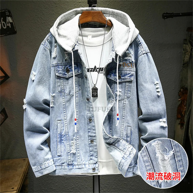 Hole denim jacket mens trend Korean version loose large size casual hooded spring and autumn style 250212