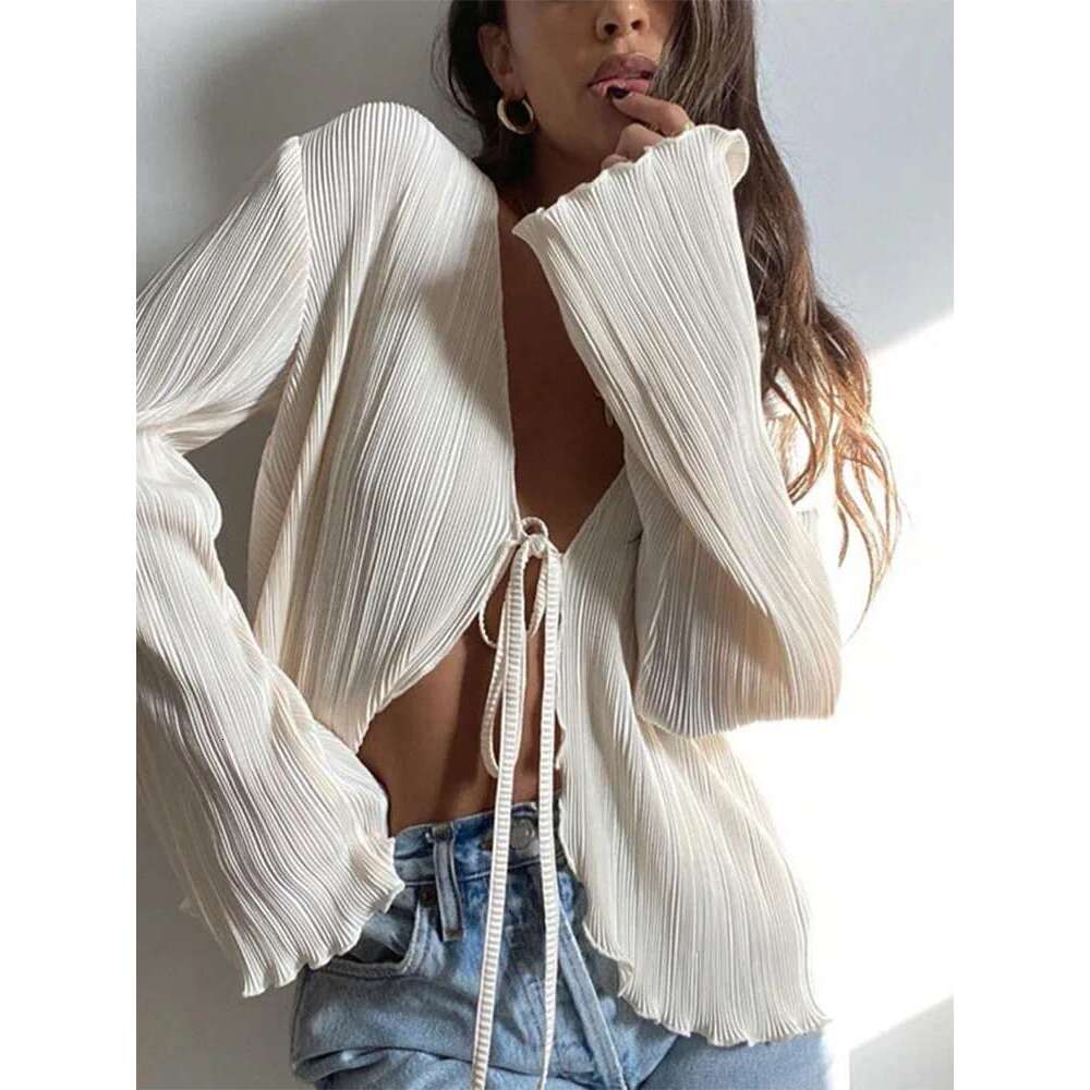 Women Pleated Plain Shirts Spring Fall Chic Long Flare Sleeve V- Neck Tie Up Cardigans Tops For Casual Party Street