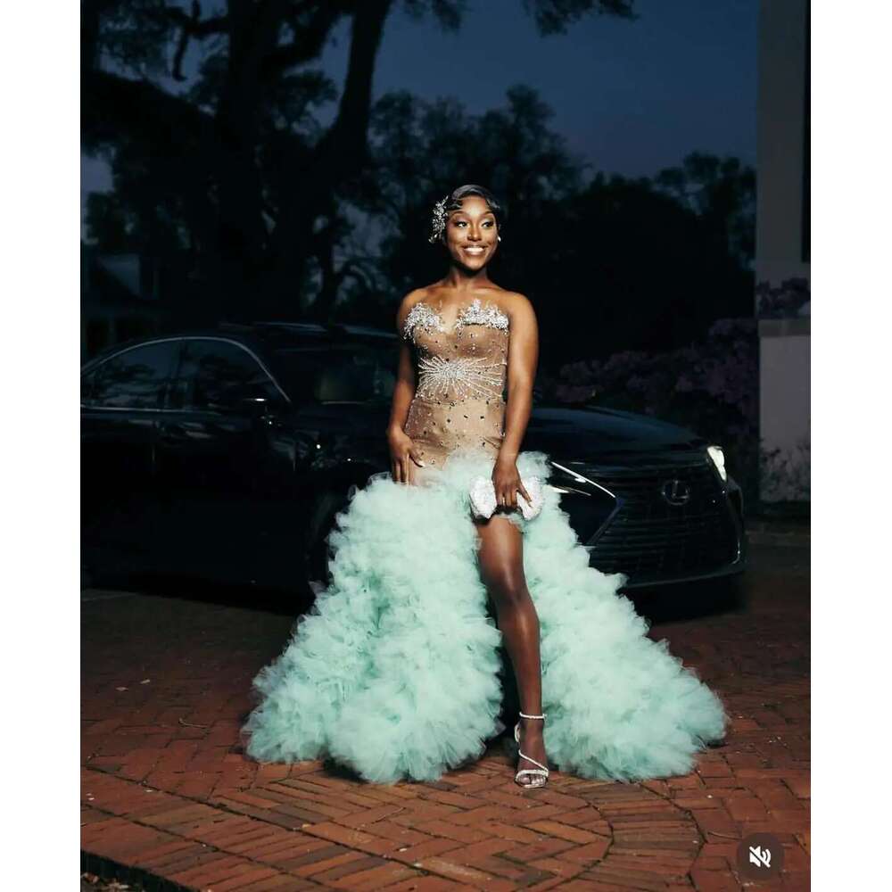 Sexy Customized Mint Puffy Tiered Ruffle Mermaid Prom Dress For Black Girls Crystals Rhie Beaded Formal Party Gowns YPD mal