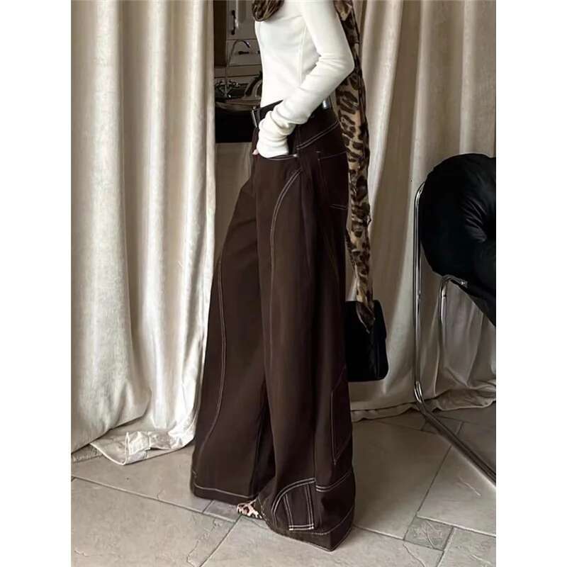 Brown Jeans Women Y2k Vintage High Waisted Straight Trouser American Streetwear Loose Girl Wide Leg Classic Denim Pants