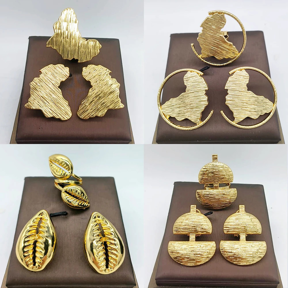 Dubai Golden Jewelry Set 18K Gold Plated Earrings and Rings for Women Wedding Bride Arabic Nigerian Jewellery Accessories 250213