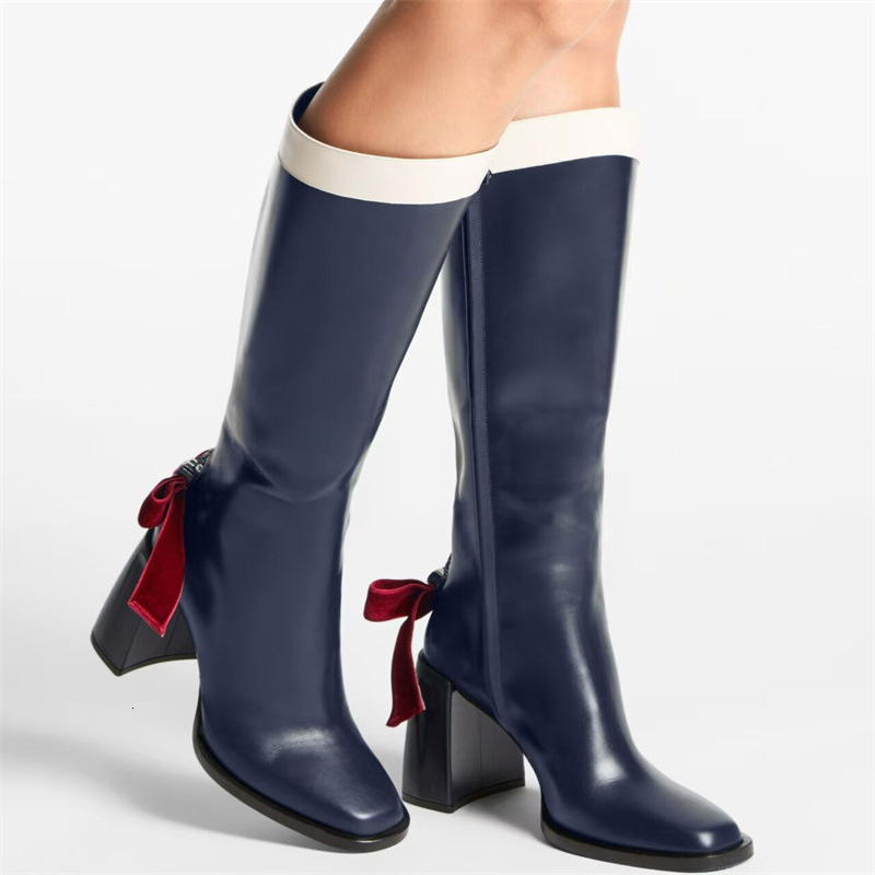 Large Bow Thick Heels, Long Boots, Color Matching, Square Toe Fashion, High For Women, Knight Boots