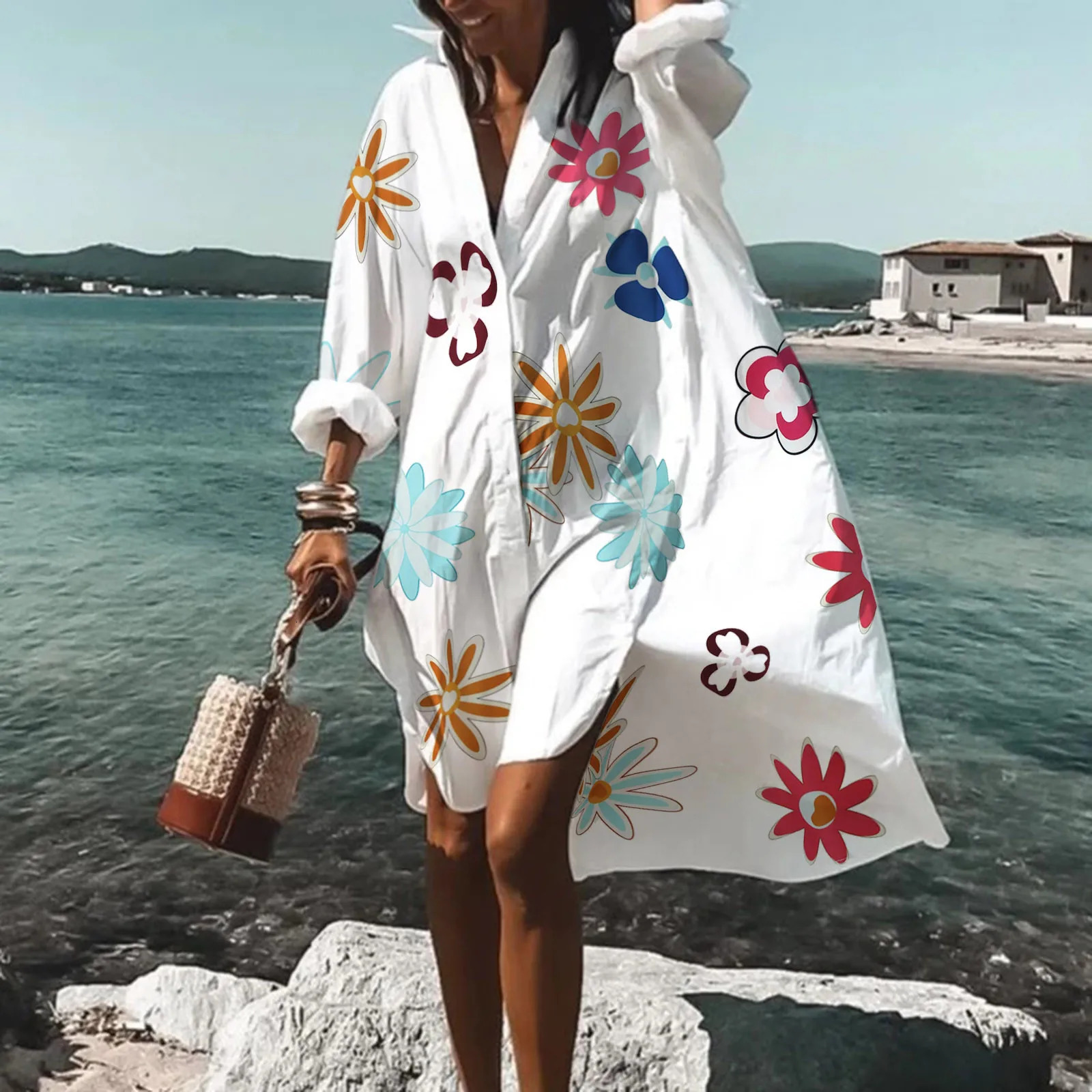 Beach Dress Bikini CoverUp Women Bohemian Printed Beachwear Robe VNeck Long Sleeve Swim Wear Cover Ups Loose Sundress 250214