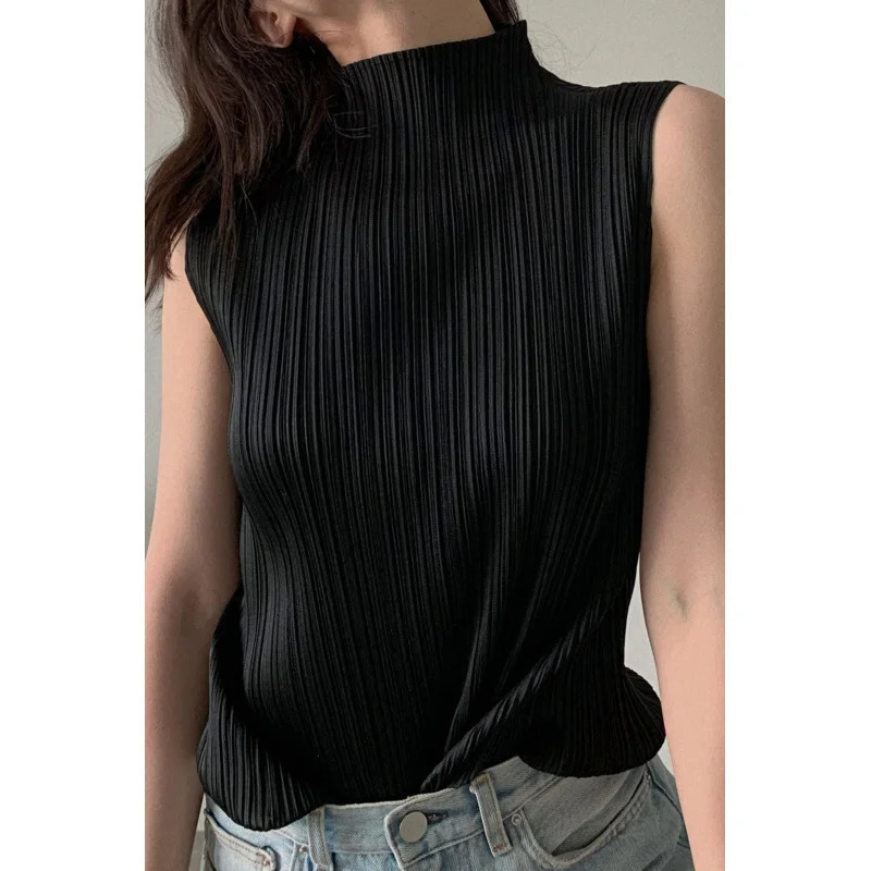 Miyake Pleated Elegant Fashion Temperament Solid Color Half High Neck Sleeveless Womens Vest Summer Breathable Top 250213