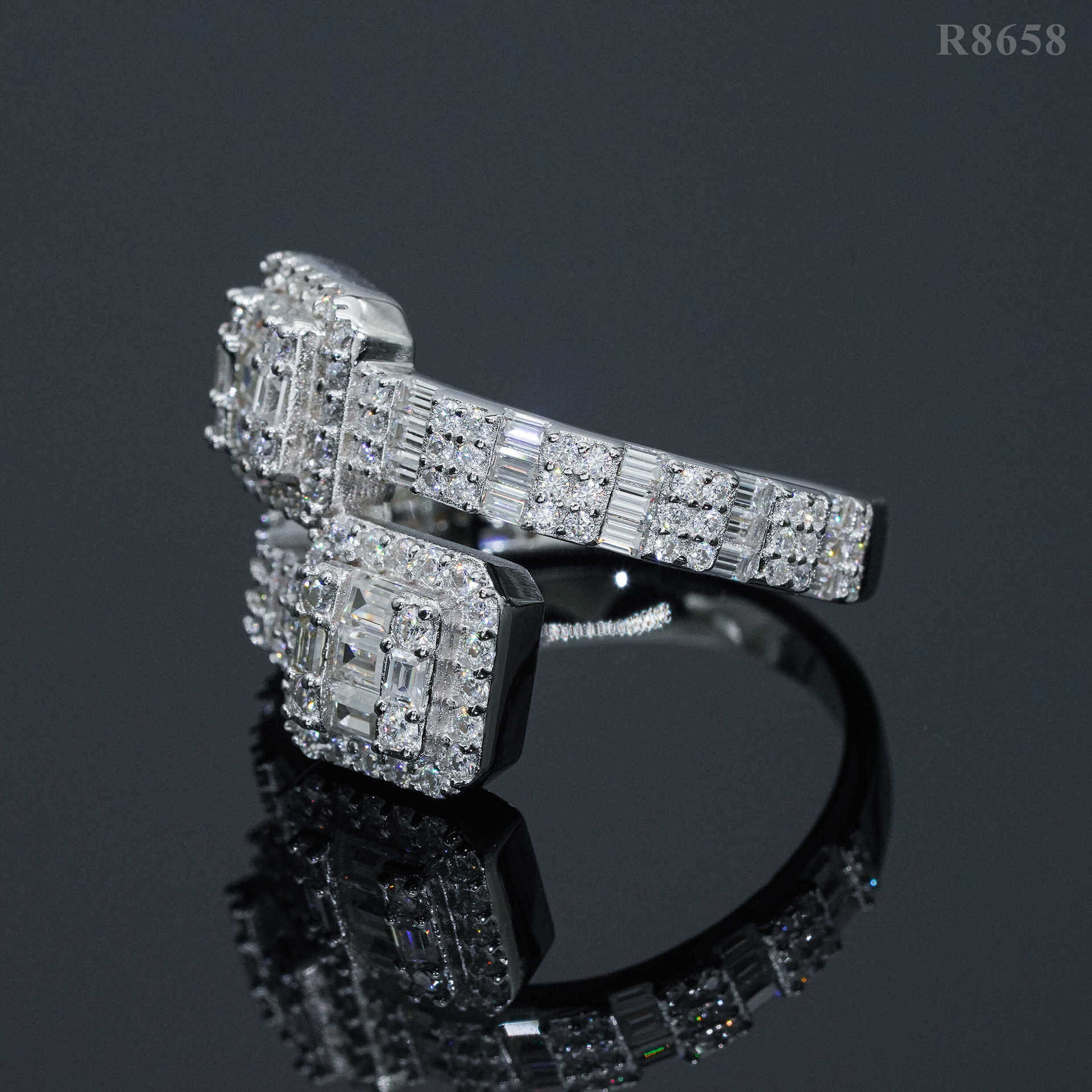 Straight ladder square mens ring pure silver inlaid with moissanit diamond ring hip-hop high-end jewelry ring