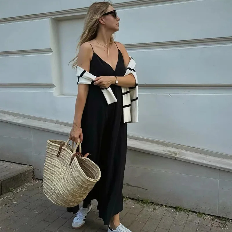 TRAF Slip Dress Women Summer Womens Loose Dresses Sleeveless Thin Straps Black Long Backless Beach Holiday 250214