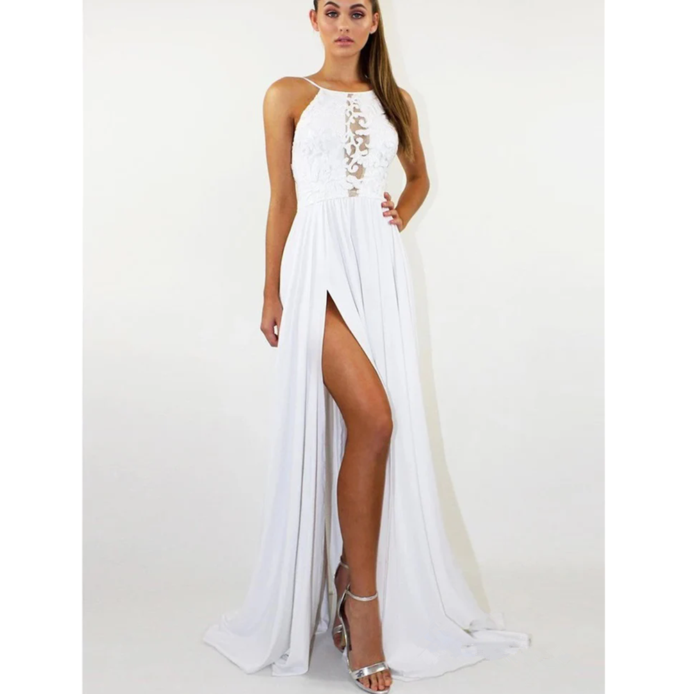 Modern Popular A Line Women's Wedding Dresses Sexy Lace Appliques Bride Gowns Charming Illusion Sleeveless Tulle Vestidos De Novia 01