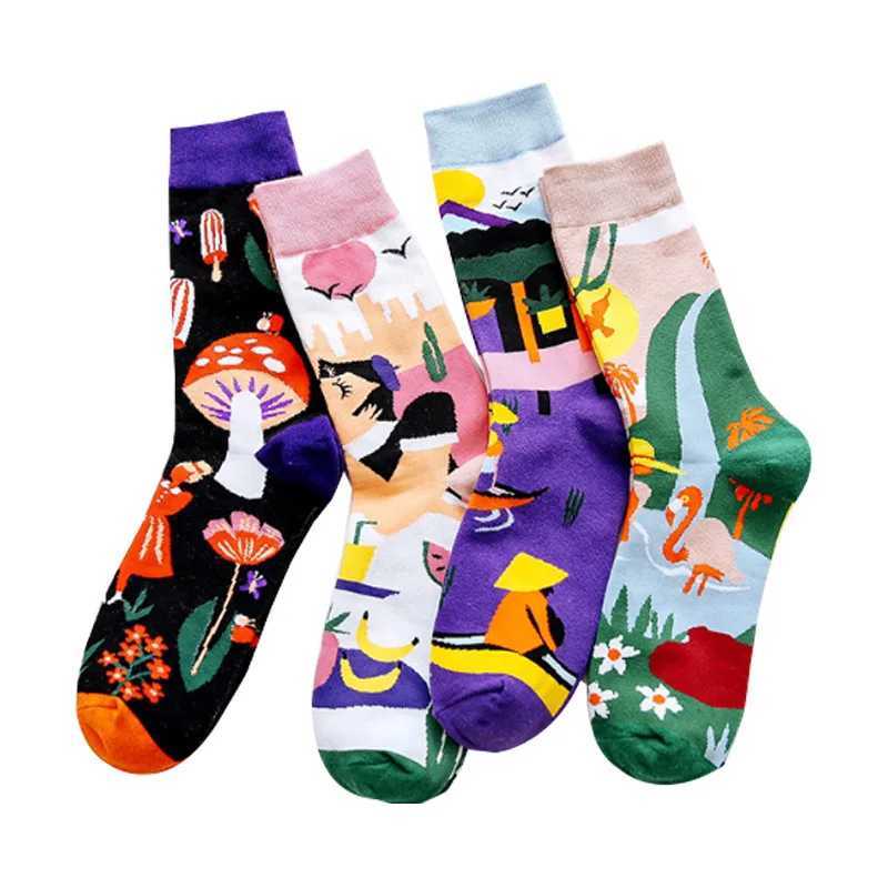 4 pairs of personalized tidal socks graffiti socks womens flower mushroom animal fruit pattern cotton Harajuku style mid calf socks W250217