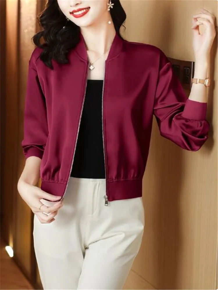 Silk Short Jackets Woman Coats Loose Satin Outwear Solid Color Cloth Zipper Baseball Jacket Spring Autumn Clothes Female 250213