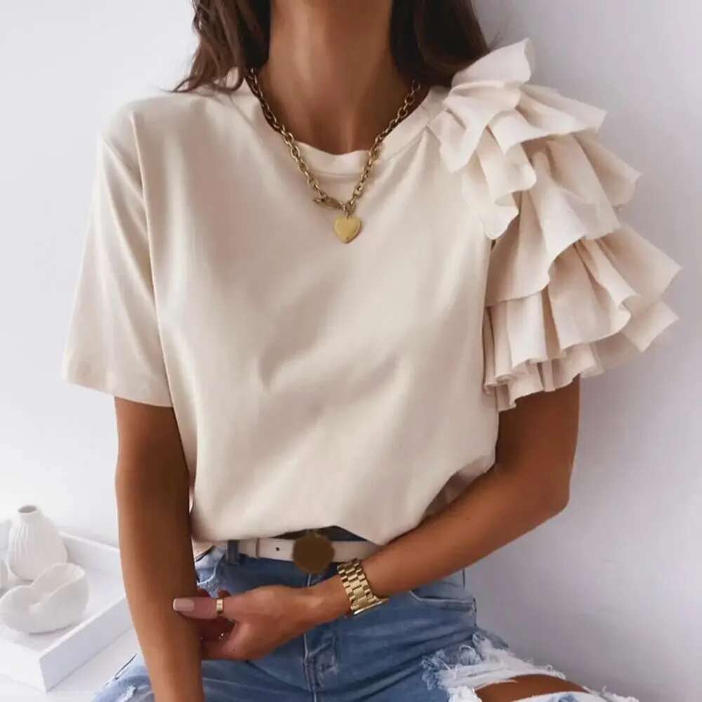 Fashion Blouse Women Elegant White Solid Color Layered Ruffle Short Sleeve Asymmetric Loose T-Shirt Top For Summer Women Blouses
