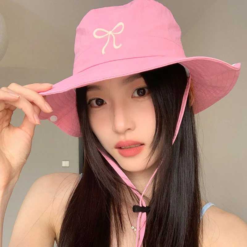 Bow Embroidery Women Quick Dry Bucket Hat Summer Outdoor Hiking Camping Panama Caps Wide Brim Fordable Sunscreen Basin Hats W250217