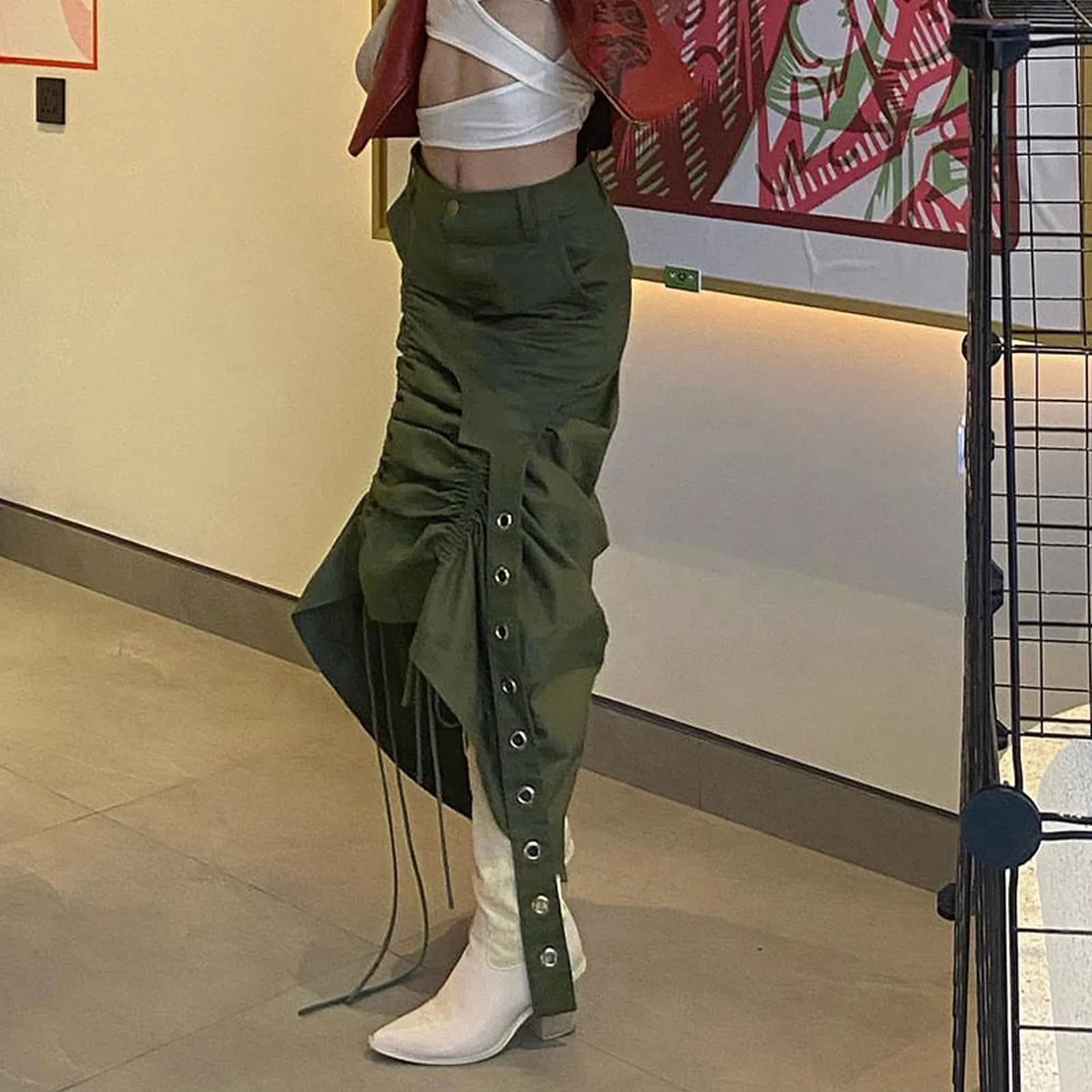 Women Gothic Skirt Irregular Hem Ruched Drawstring High Waist Long Skirts Punk Style Costumes Womens Fashion Streetwear 250211