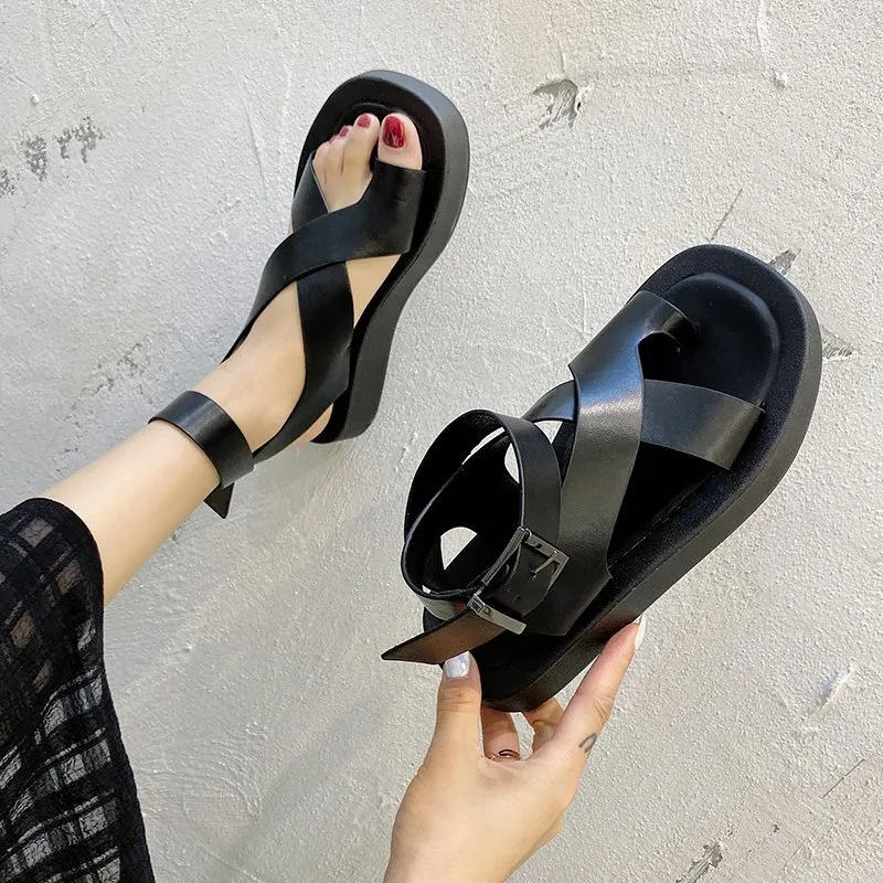 hot Summer Solid Sandals For Women: Comfortable Beach Shoes With Ankle Buckle Strap