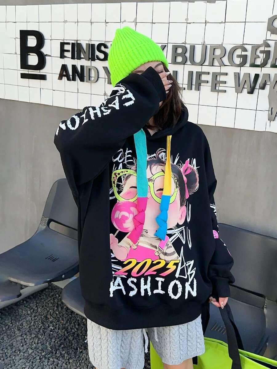 Cartoon Graffiti Plush Thickened Oversized Hoodie Sweatshirt Women Y2k Clothes 2024 Winter Casual Pullover Long Sleeve Tops Bust