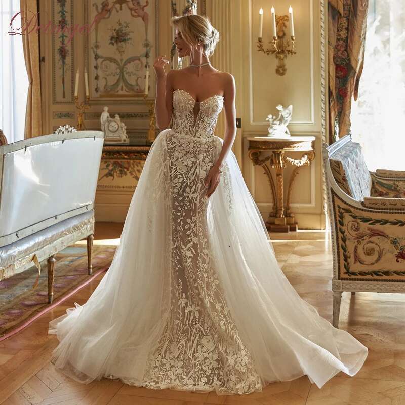 Pearls Detmgel Beaded Strapless Mermaid Wedding Dress Exquisite Appliques Detachable Train Trumpet Bridal Gown Customized