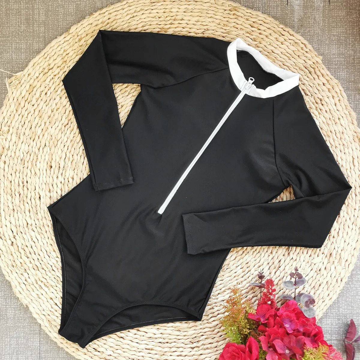 CPUTAN Black White One Piece Swimsuit Long Sleeve Swimwear Women Bathing Suit Retro Vintage Surfing Swimming Skirt 250214