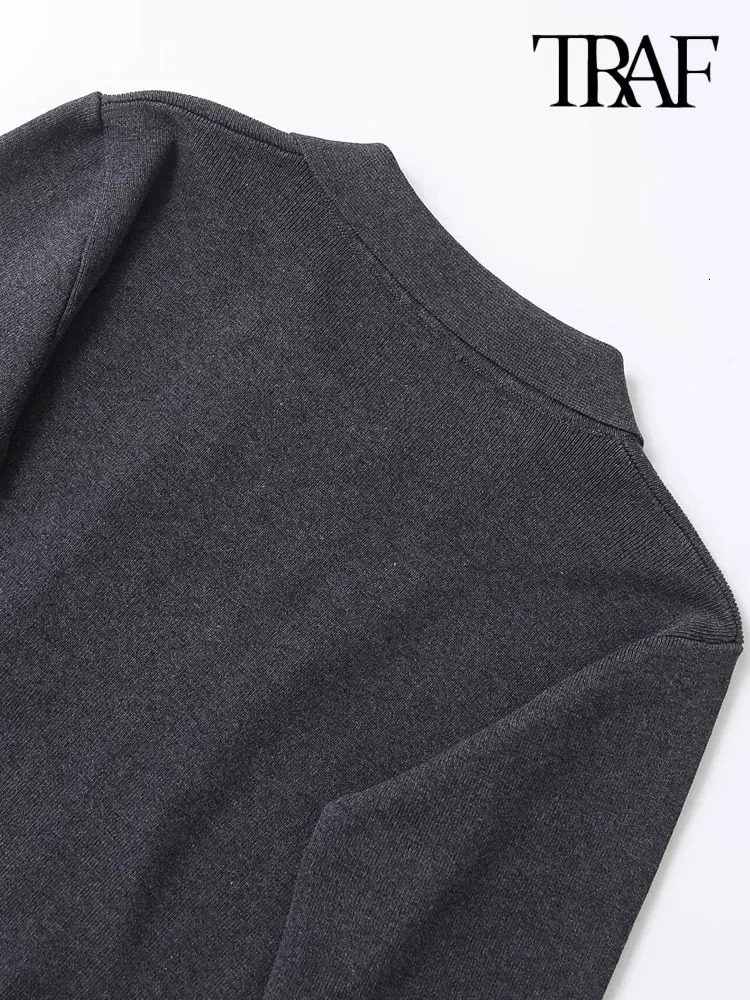 TRAFWomens DoubleBreasted Knit Cardigan Sweater Lapel Collar Long Sleeve Female Outerwear Chic Tops Fashion 250211