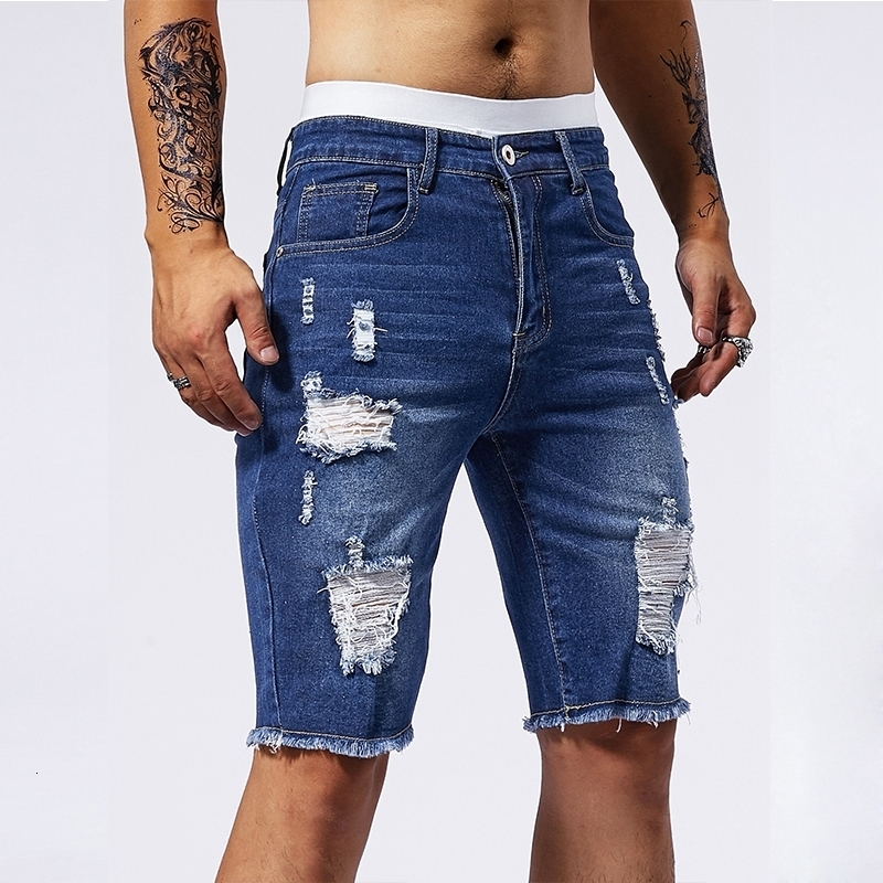 Vintage Denim Shorts Mens American Stretch Slim Jeans Fashion Ripped Streetwear Male Hole Frayed Short Pants Blue Black w250113