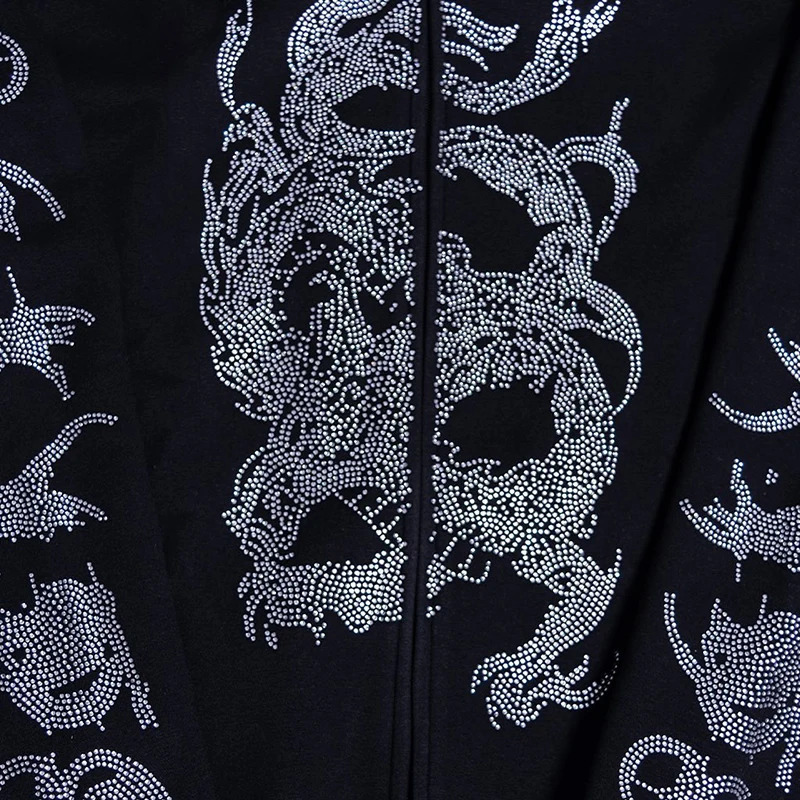 Fall Winter Rhinestone Embroidery Black Retro Jacket Men Women Hooded Sports Long Sleeve Oversized Casual Zipper Jackets Y2k Top 250211
