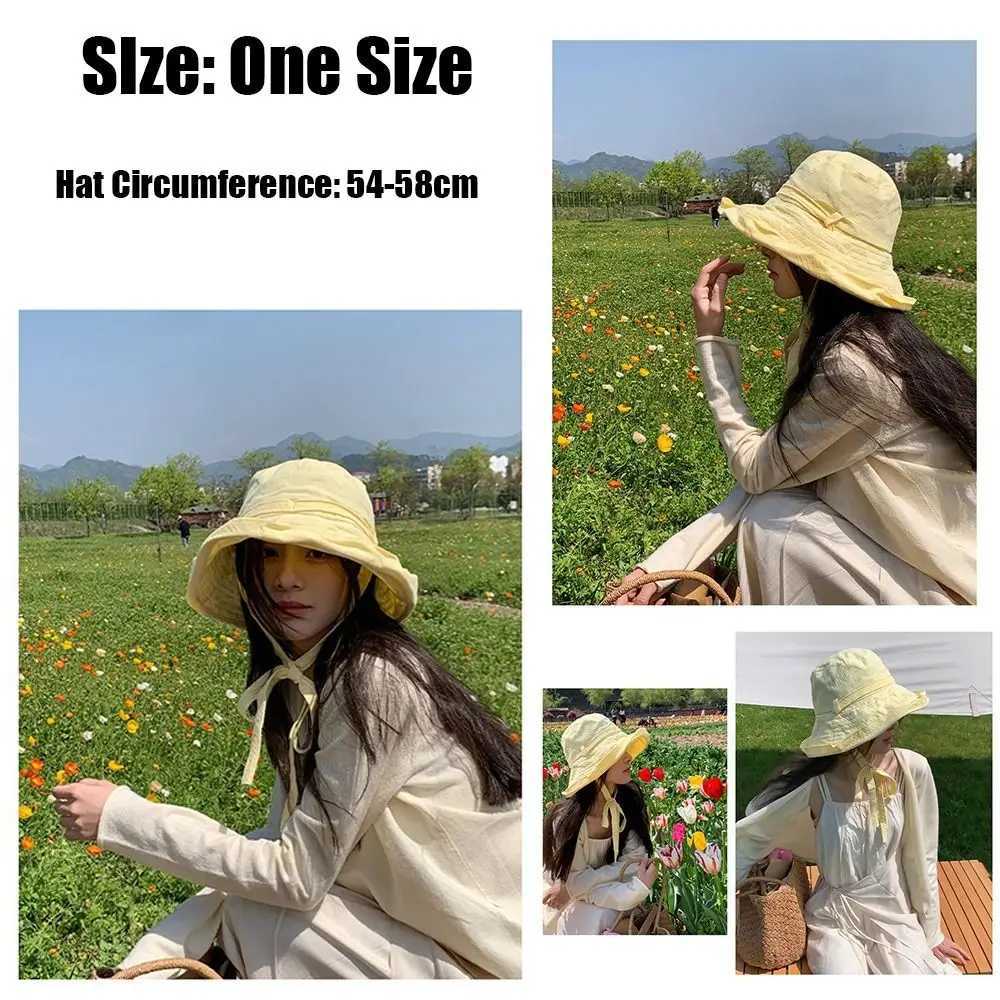 Korean Style Summer Fashion Wide Brim Women Bucket Hat Outdoor Sunshade Hats Solid Color Sun Protection Fisherman Cap Versatile W250217