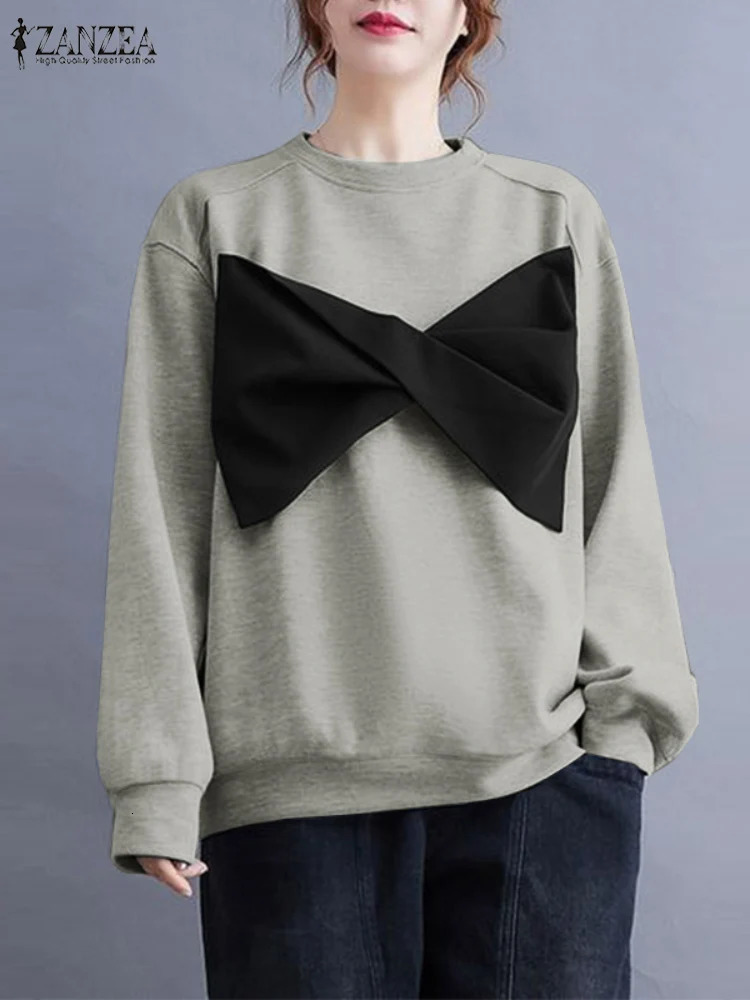 ZANZEA Casua Harajuku Sweatshirts ColorBlock Long Sleeve Spring O Neck Hoodies Women Large Bowknot Loose Pullover Tops 250213