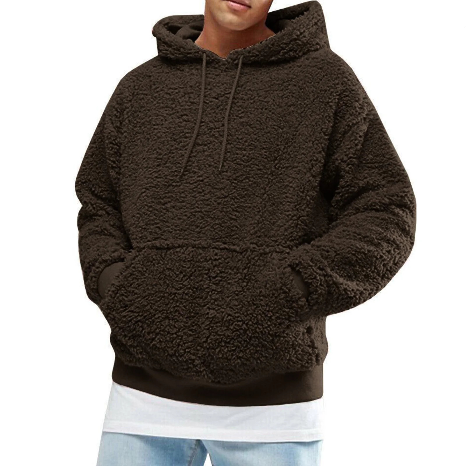 Autumn Winter Plush Hoodies Solid Color Long Sleeve Hooded Pullover Men Warm Casual Wild Fit Fleece Sweatshirt with Pockets 250214