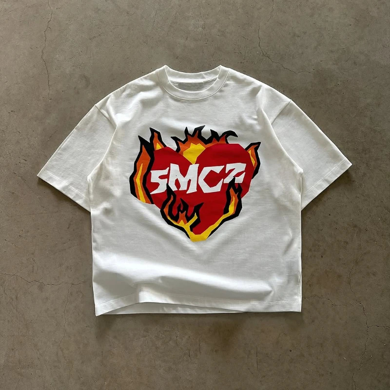 Y2K mens T shirt oversized loose American street style tops fashion printed pattern round neck Solid color cotton lovers pullover 250210