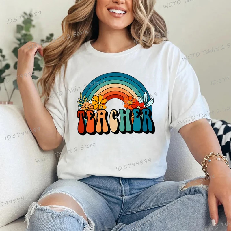Retro Rainbow Teacher Print T-Shirt Teachers Day Casual Crew Neck Tee Rainbow Flower Shirt n Teacher Life Vintage T Shirts 250217