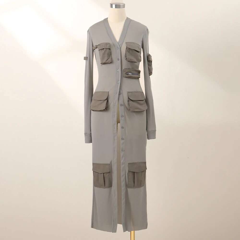 Pocket Decoration Cotton Women's Y2k See-Through Mesh Elegant Commuter Single Breasted Long Cardigan Dress 2025 Fall New